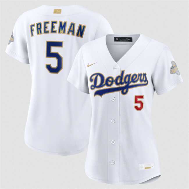 Women%27s Los Angeles Dodgers #5 Freddie Freeman White 2026 Gold Collection Stadium Stitched Jersey Dzhi->toronto blue jays->MLB Jersey