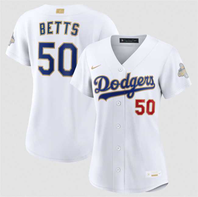 Women%27s Los Angeles Dodgers #50 Mookie Betts White 2026 Gold Collection Stadium Stitched Jersey Dzhi->mlb womens jerseys->MLB Jersey