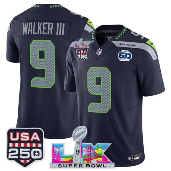 Mens Seattle Seahawks #9 Kenneth Walker III Navy 2025 F.U.S.E. Super Bowl LX Patch And 50th Season & USA 250 Patch Vapor Limited Stitched Jersey->seattle seahawks->NFL Jersey
