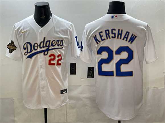 Mens Los Angeles Dodgers #22 Clayton Kershaw White 2025 World Series Champions Patch Stitched Jersey Dzhi->los angeles dodgers->MLB Jersey