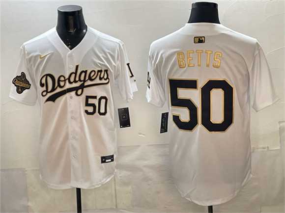 Mens Los Angeles Dodgers #50 Mookie Betts White Gold 2025 World Series Champions Patch Limited Stitched Jersey Dzhi->los angeles dodgers->MLB Jersey