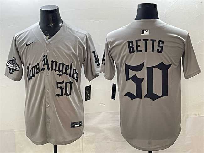 Mens Los Angeles Dodgers #50 Mookie Betts Grey LA Gothic Style With 2025 World Series Champions Patch Limited Stitched Jersey Dzhi->los angeles dodgers->MLB Jersey