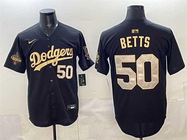 Mens Los Angeles Dodgers #50 Mookie Betts Black Gold 2025 World Series Champions Patch Limited Stitched Jersey Dzhi->los angeles dodgers->MLB Jersey