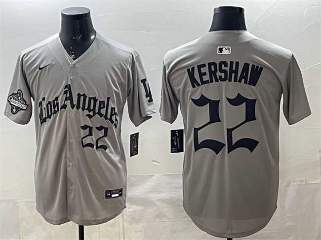 Mens Los Angeles Dodgers #22 Clayton Kershaw Grey LA Gothic Style With 2025 World Series Champions Patch Limited Stitched Jersey Dzhi->los angeles dodgers->MLB Jersey