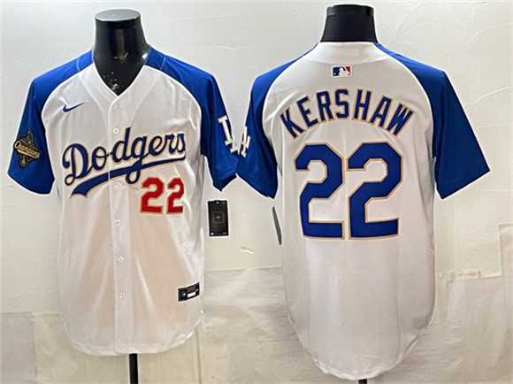 Mens Los Angeles Dodgers #22 Clayton Kershaw White Royal 2025 World Series Champions Patch Limited Stitched Jersey Dzhi->los angeles dodgers->MLB Jersey