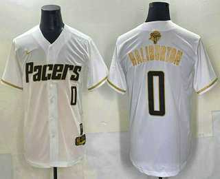 Mens Indiana Pacers #0 Tyrese Haliburton White Gold 2025 Finals Vapor Stitched Baseball Jersey->indiana pacers->NBA Jersey