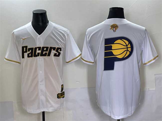 Mens Indiana Pacers Team Big Logo White Gold 2025 Finals Vapor Stitched Baseball Jersey->indiana pacers->NBA Jersey
