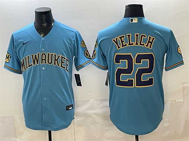 Men%27s Milwaukee Brewers #22 Christian Yelich Blue With Home & Bob Uecker Patch Stitched Jersey->milwaukee brewers->MLB Jersey