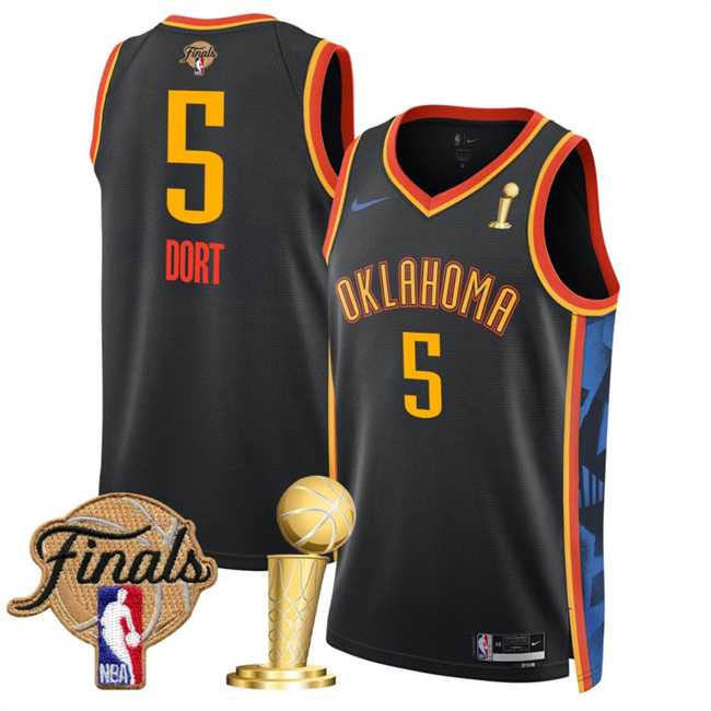 Mens Oklahoma City Thunder #5 Luguentz Dort Black 2025 Finals Patch And Finals Champions Patch City Edition Stitched Jersey Dzhi->oklahoma city thunder->NBA Jersey