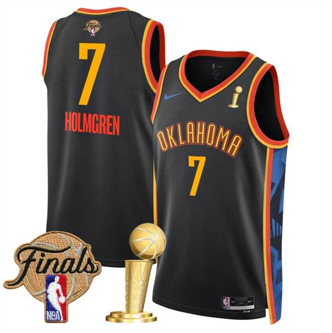 Mens Oklahoma City Thunder #7 Chet Holmgren Black 2025 Finals Patch And Finals Champions Patch City Edition Stitched Jersey Dzhi->oklahoma city thunder->NBA Jersey