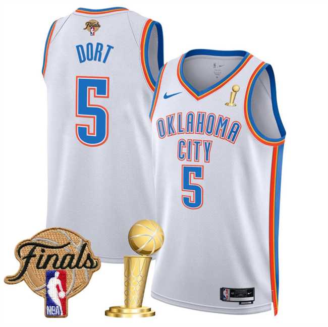 Mens Oklahoma City Thunder #5 Luguentz Dort White 2025 Finals Patch And Finals Champions Patch Association Edition Stitched Jersey Dzhi->oklahoma city thunder->NBA Jersey