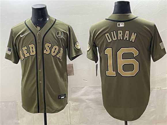 Men%27s Boston Red Sox #16 Jarren Duran Olive Armed Forces Day Cool Base Stitched Jersey Dzhi->boston red sox->MLB Jersey