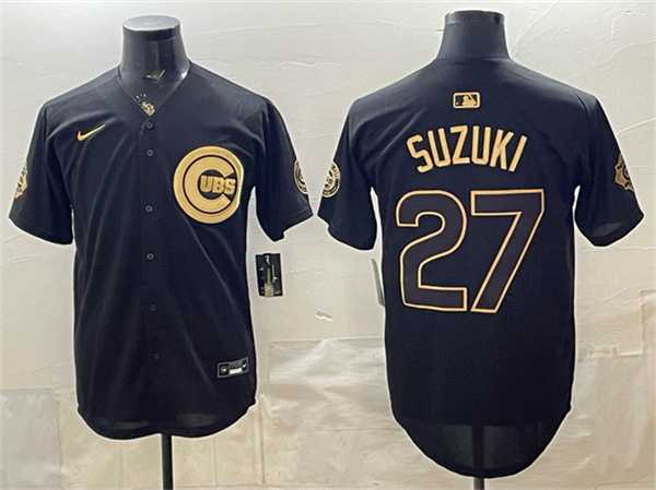 Mens Chicago Cubs #27 Seiya Suzuki Black Gold 150th Anniversary Patch Stitched Jersey Dzhi->chicago cubs->MLB Jersey
