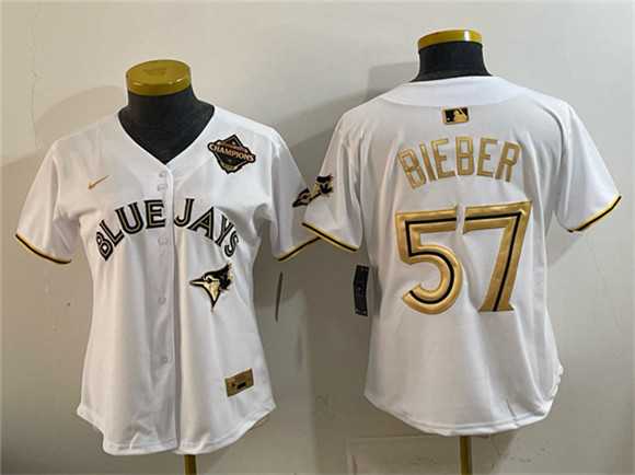 Youth Toronto Blue Jays #57 Shane Bieber White Gold 2025 American League Champions Limited Stitched Jersey Dzhi->mlb youth jerseys->MLB Jersey
