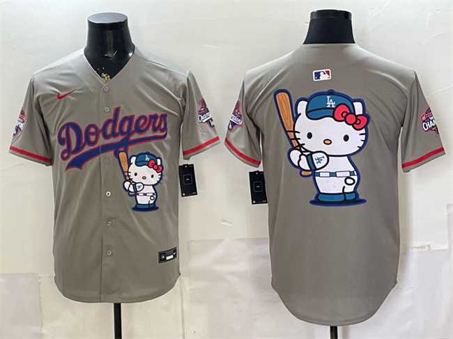 Mens Los Angeles Dodgers Team Big Logo Grey Hello Kitty Night 2025 World Series Champions Patch Stitched Jersey Dzhi->los angeles dodgers->MLB Jersey