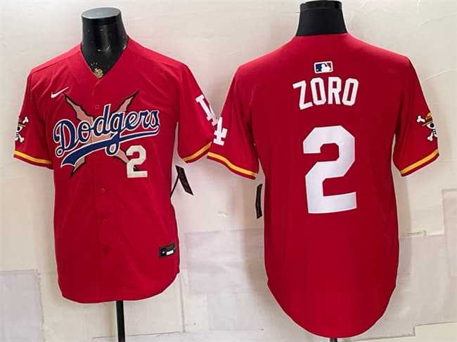 Mens Los Angeles Dodgers x One Piece #2 Zoro Red Vapor Premier Limited Stitched Jersey->los angeles dodgers->MLB Jersey