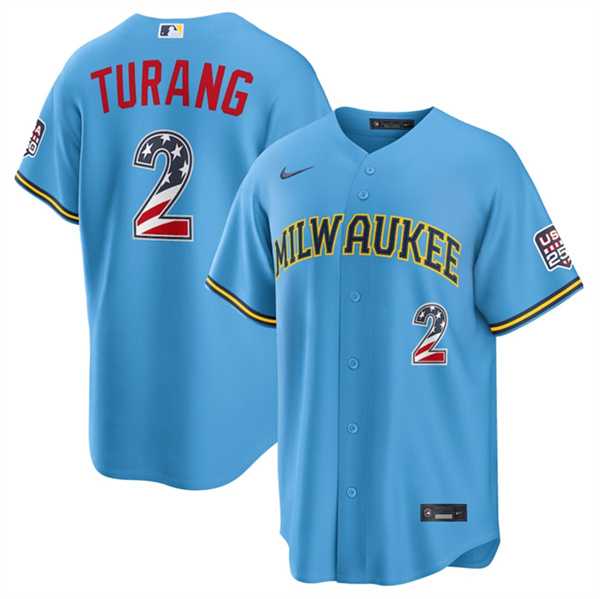 Mens Milwaukee Brewers #2 Brice Turang Blue 2026 USA 250 Fourth of July Home Stadium Stitched Jersey Dzhi->milwaukee brewers->MLB Jersey