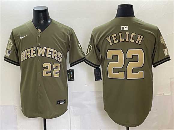 Mens Milwaukee Brewers #22 Christian Yelich Olive 2026 Armed Forces Day Stitched Jersey Dzhi->milwaukee brewers->MLB Jersey