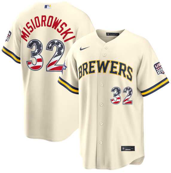 Mens Milwaukee Brewers #32 Jacob Misiorowski Cream 2026 All-Star Edition Stars & Stripes USA 250 Patch Stitched Jersey Dzhi->milwaukee brewers->MLB Jersey