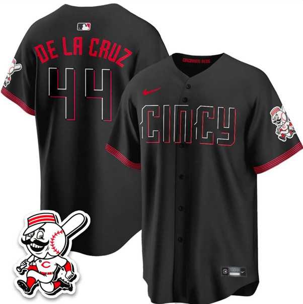 Mens Cincinnati Reds #44 Elly De La Cruz Black City Connect With Patch Limited Stitched Jersey Dzhi Mens Cincinnati Reds #44 Elly De La Cruz Black City Connect With Patch Limited Stitched Jersey Dzhi