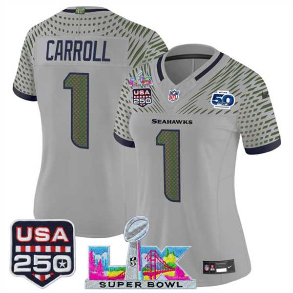 Womens Seattle Seahawks #1 Pete Carroll Gray 2025 F.U.S.E. Super Bowl LX & US 250th anniversary Patch And 50th Season Patch Rivalries Vapor Limited Stitched Jersey->seattle seahawks->NFL Jersey