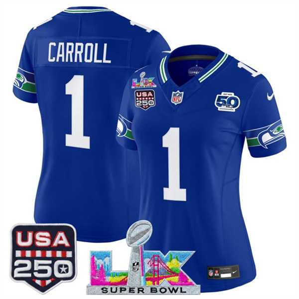 Womens Seattle Seahawks #1 Pete Carroll Royal 2025 F.U.S.E. Super Bowl LX Patch And 50th Season & USA 250 Patch Vapor Throwback Limited Stitched Jersey->seattle seahawks->NFL Jersey