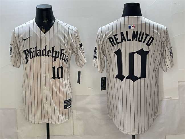 Men%27s Philadelphia Phillies #10 J.T. Realmuto Cream Pinstripe Gothic Vapor Limited Stitched Jersey->philadelphia phillies->MLB Jersey