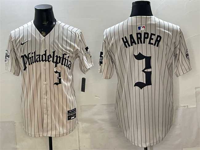 Men%27s Philadelphia Phillies #3 Bryce Harper Cream Pinstripe Gothic Vapor Limited Stitched Jersey->philadelphia phillies->MLB Jersey