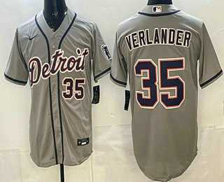 Men%27s Detroit Tigers #35 Justin Verlander Grey Number Cool Base Jersey->detroit tigers->MLB Jersey