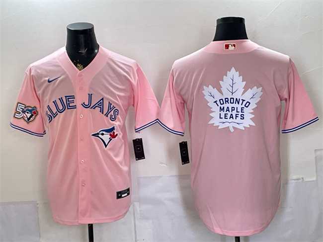 Men%27s Toronto Blue Jays & Leafs With White Leafs Logo Pink 50 Seasons Patch Stitched Jersey Dzhi->toronto blue jays->MLB Jersey