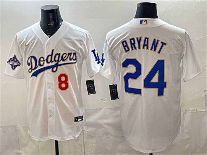 Mens Los Angeles Dodgers Front #8 Back #24 Kobe Bryant White Gold With 2025 World Series Champions Patch Stitched Jersey->los angeles dodgers->MLB Jersey