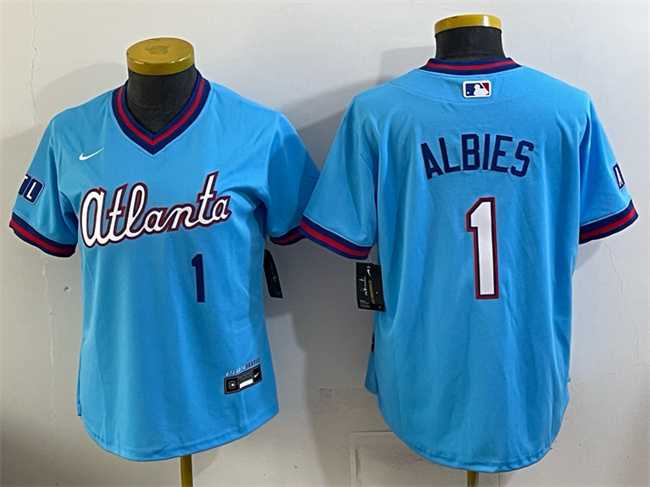 Women%27s Atlanta Braves #1 Ozzie Albies Powder Blue 2026 City Connect Stadium Stitched Jersey->mlb womens jerseys->MLB Jersey