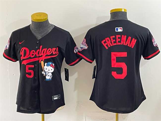 Womens Los Angeles Dodgers #5 Freddie Freeman Black Hello Kitty Night 2025 World Series Champions Patch Stitched Jersey Dzhi->mlb womens jerseys->MLB Jersey