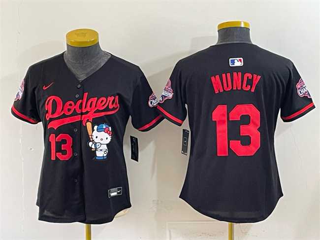 Womens Los Angeles Dodgers #13 Max Muncy Black Hello Kitty Night 2025 World Series Champions Patch Stitched Jersey Dzhi->mlb womens jerseys->MLB Jersey