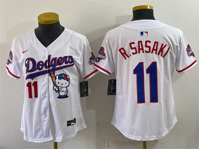 Womens Los Angeles Dodgers #11 Roki Sasaki White Hello Kitty Night 2025 World Series Champions Patch Stitched Jersey Dzhi->mlb womens jerseys->MLB Jersey