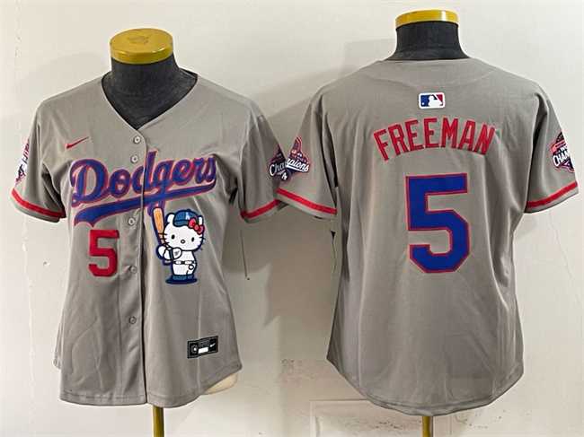 Womens Los Angeles Dodgers #5 Freddie Freeman Grey Hello Kitty Night 2025 World Series Champions Patch Stitched Jersey Dzhi->mlb womens jerseys->MLB Jersey