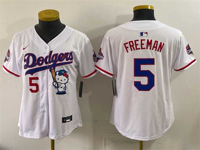 Womens Los Angeles Dodgers #5 Freddie Freeman White Hello Kitty Night 2025 World Series Champions Patch Stitched Jersey Dzhi->mlb womens jerseys->MLB Jersey