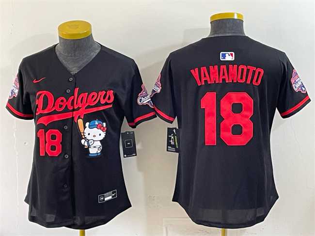 Womens Los Angeles Dodgers #18 Yoshinobu Yamamoto Black Hello Kitty Night 2025 World Series Champions Patch Stitched Jersey Dzhi->mlb womens jerseys->MLB Jersey