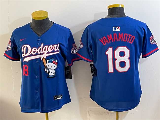 Womens Los Angeles Dodgers #18 Yoshinobu Yamamoto Royal Hello Kitty Night 2025 World Series Champions Patch Stitched Jersey Dzhi->mlb womens jerseys->MLB Jersey