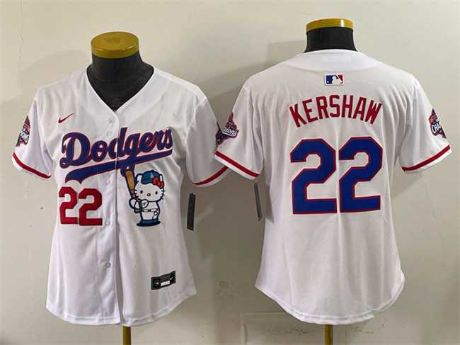 Womens Los Angeles Dodgers #22 Clayton Kershaw White Hello Kitty Night 2025 World Series Champions Patch Stitched Jersey Dzhi->mlb womens jerseys->MLB Jersey
