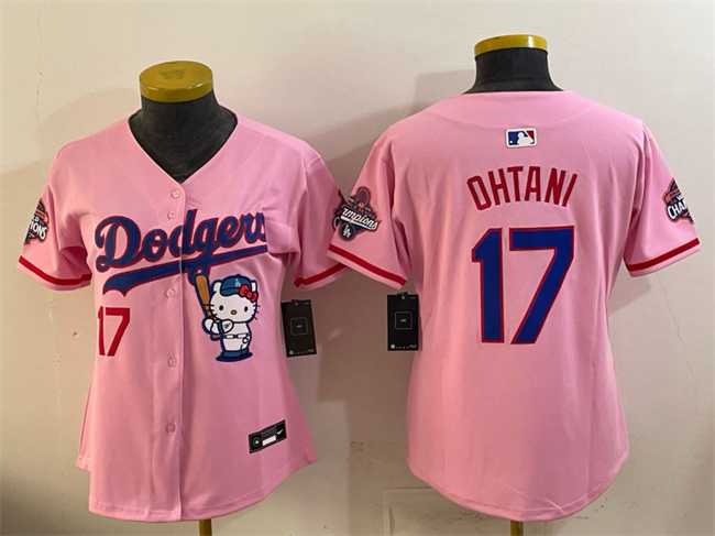 Womens Los Angeles Dodgers #17 Shohei Ohtani Pink Hello Kitty Night 2025 World Series Champions Patch Stitched Jersey Dzhi->mlb womens jerseys->MLB Jersey