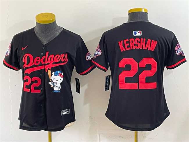 Womens Los Angeles Dodgers #22 Clayton Kershaw Black Hello Kitty Night 2025 World Series Champions Patch Stitched Jersey Dzhi->mlb womens jerseys->MLB Jersey