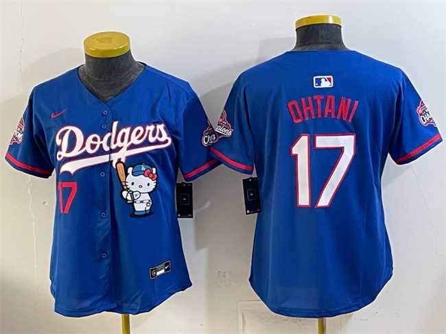 Womens Los Angeles Dodgers #17 Shohei Ohtani Royal Hello Kitty Night 2025 World Series Champions Patch Stitched Jersey Dzhi->mlb womens jerseys->MLB Jersey