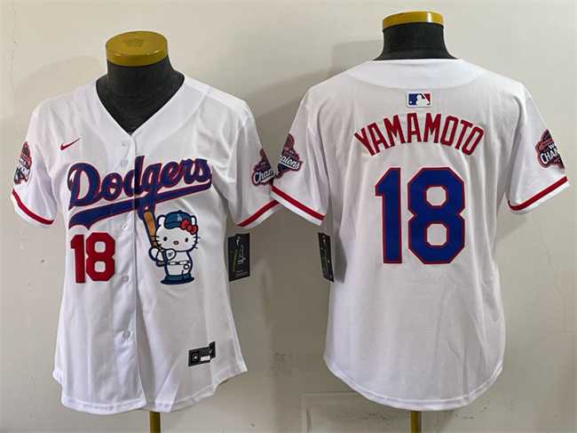 Womens Los Angeles Dodgers #18 Yoshinobu Yamamoto White Hello Kitty Night 2025 World Series Champions Patch Stitched Jersey Dzhi->mlb womens jerseys->MLB Jersey