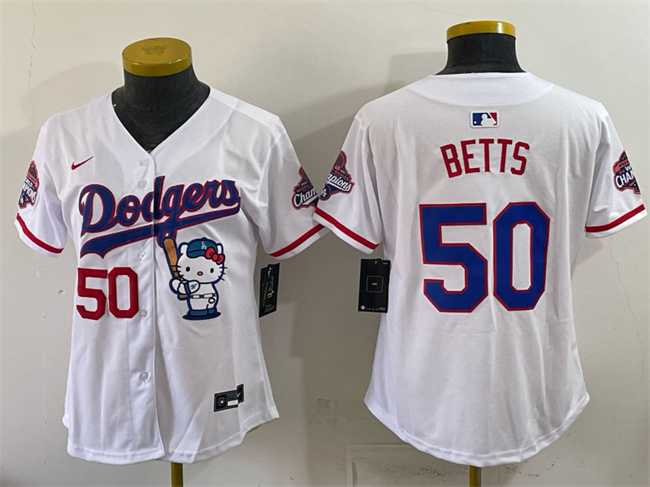 Womens Los Angeles Dodgers #50 Mookie Betts White Hello Kitty Night 2025 World Series Champions Patch Stitched Jersey Dzhi->mlb womens jerseys->MLB Jersey