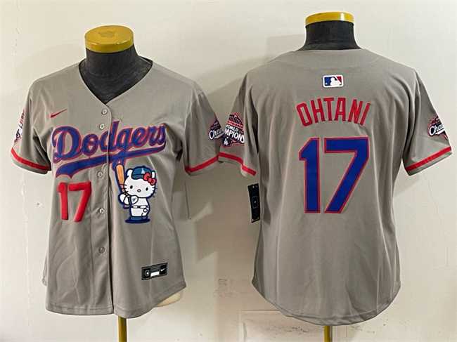 Womens Los Angeles Dodgers #17 Shohei Ohtani Grey Hello Kitty Night 2025 World Series Champions Patch Stitched Jersey Dzhi->mlb womens jerseys->MLB Jersey