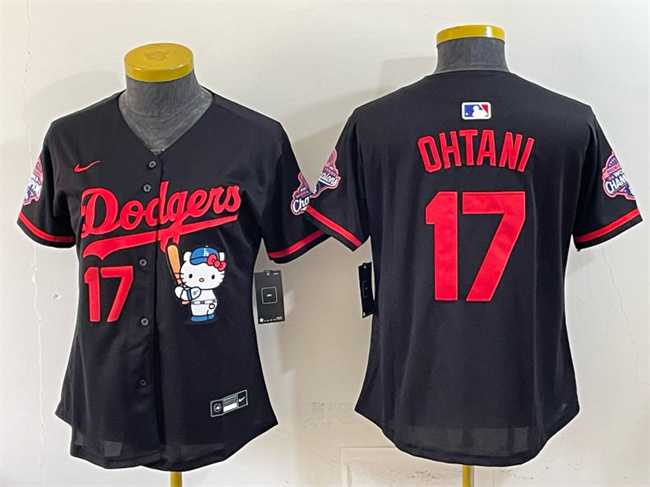 Womens Los Angeles Dodgers #17 Shohei Ohtani Black Hello Kitty Night 2025 World Series Champions Patch Stitched Jersey Dzhi->mlb womens jerseys->MLB Jersey