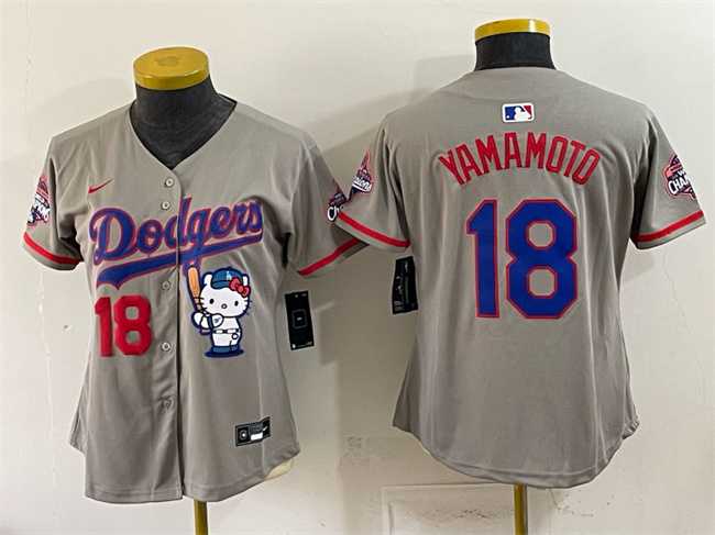 Womens Los Angeles Dodgers #18 Yoshinobu Yamamoto Grey Hello Kitty Night 2025 World Series Champions Patch Stitched Jersey Dzhi->mlb womens jerseys->MLB Jersey