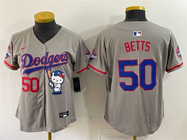 Womens Los Angeles Dodgers #50 Mookie Betts Grey Hello Kitty Night 2025 World Series Champions Patch Stitched Jersey Dzhi->mlb womens jerseys->MLB Jersey