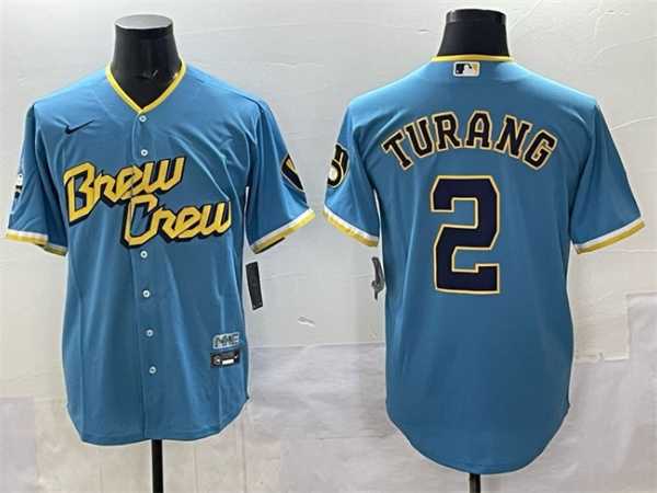 Men%27s Milwaukee Brewers #2 Brice Turang Powder Blue City Connect Cool Base Stitched Jersey->miami marlins->MLB Jersey